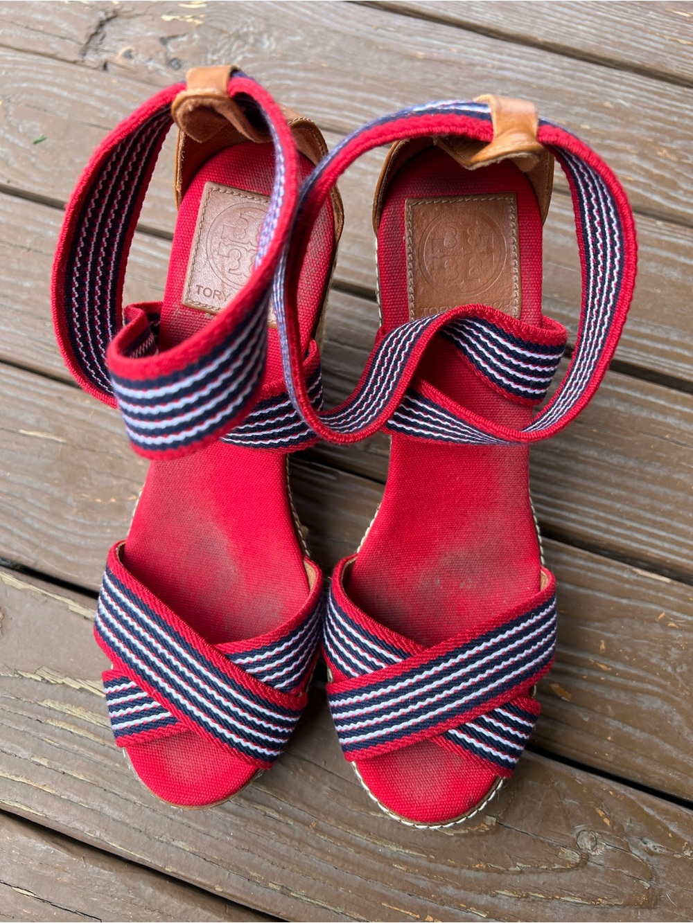 Tory Burch Red Striped Espadrille Wedge Sandals Made in Spain Size 9B